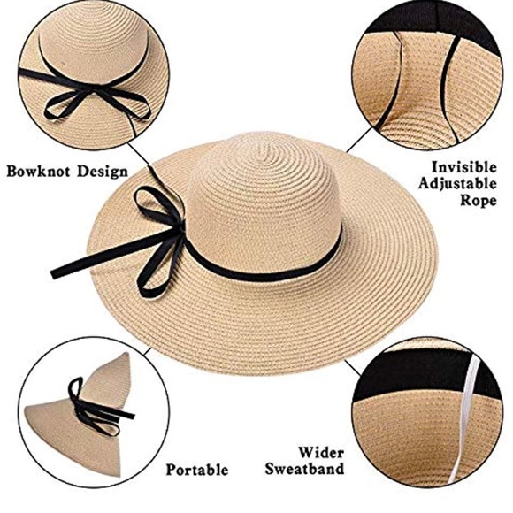 Beige Floppy Beach Straw Hat, Foldable Wide Brim with Bowknot UPF50 - Picture 4 of 7